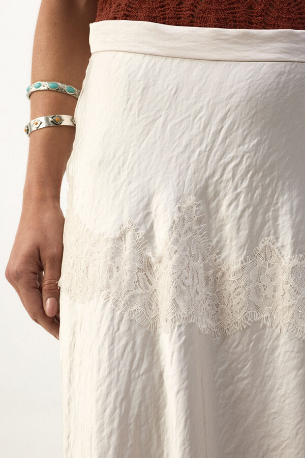 Slowlove Falda midi satinada con encaje Ivory