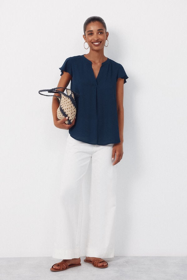 Cortefiel Fluid flutter sleeve blouse Navy