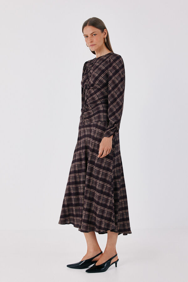 Cortefiel Plaid print ruched dress Printed grey
