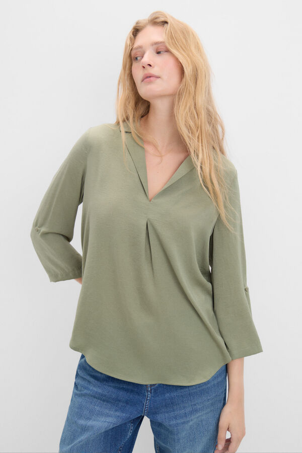 Cortefiel Blusa acetinada pescoço lapela Verde