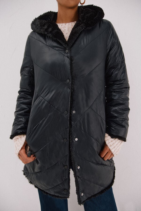 Cortefiel Long reversible faux fur coat Black