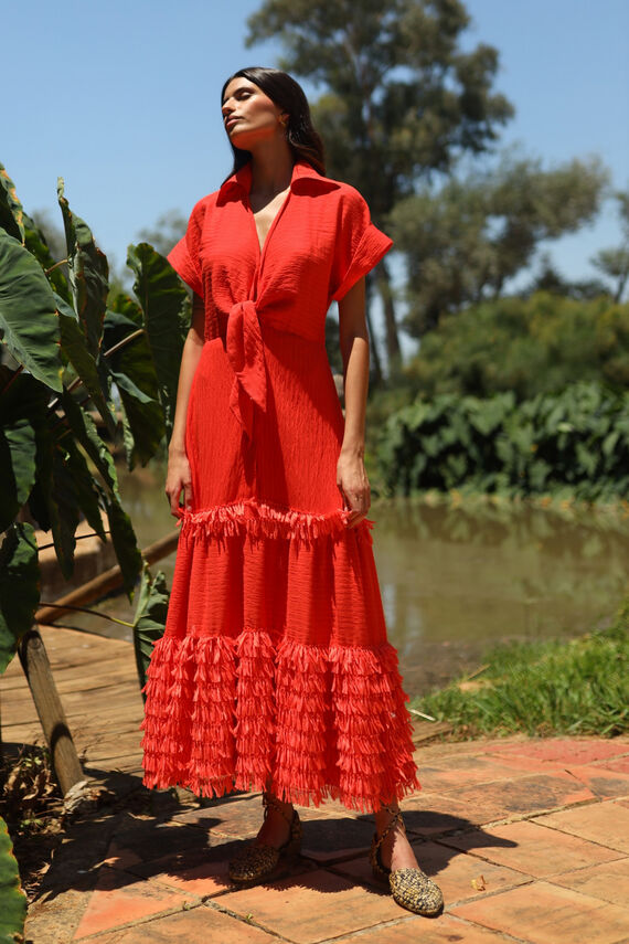 Vestido lino rojo enflecado