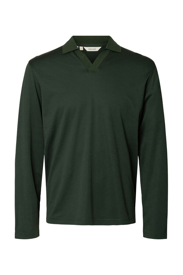 Selected Polo manga larga de algodón orgánico Verde oscuro