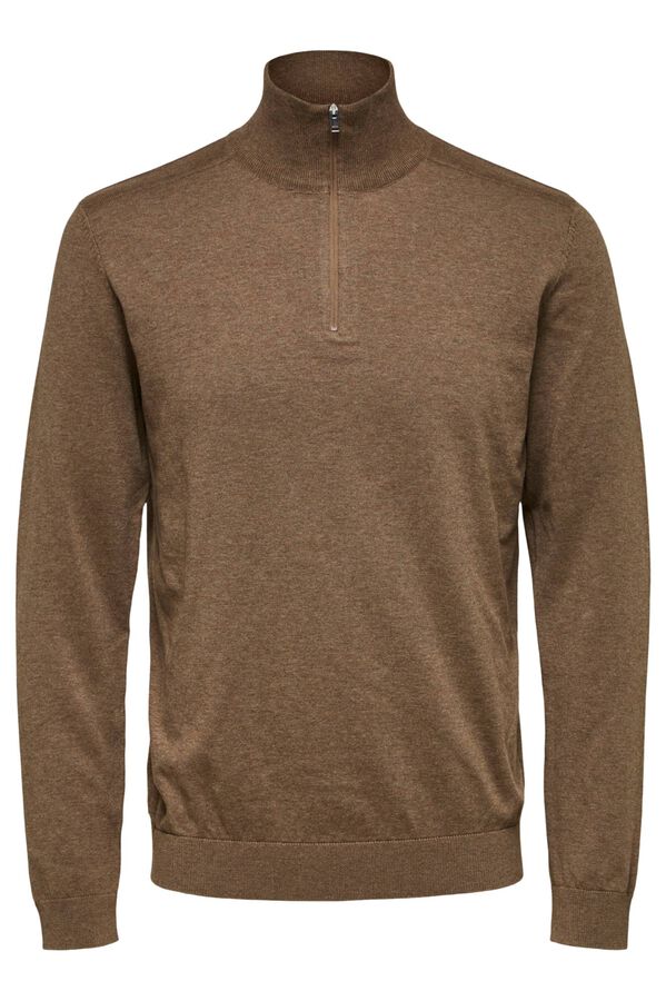 Selected Camisola de malha com meio fecho-&eacute;clair 100% algod&atilde;o Castanho