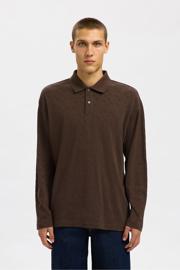 Selected Polo jacquard de manga manga 100% algodão orgânico Castanho