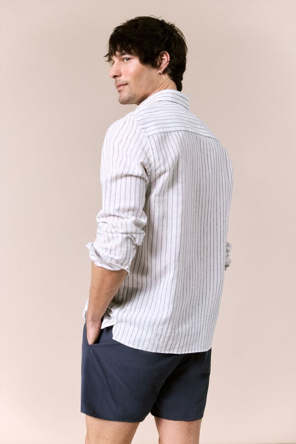 OOTO Camisa de linho de manga comprida &agrave;s riscas Branco