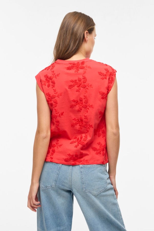 Vila Top sem mangas com bordados em algod&atilde;o Vermelho
