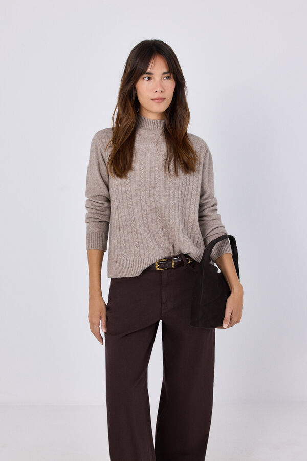 Cortefiel Cable knit funnel neck jumper Beige