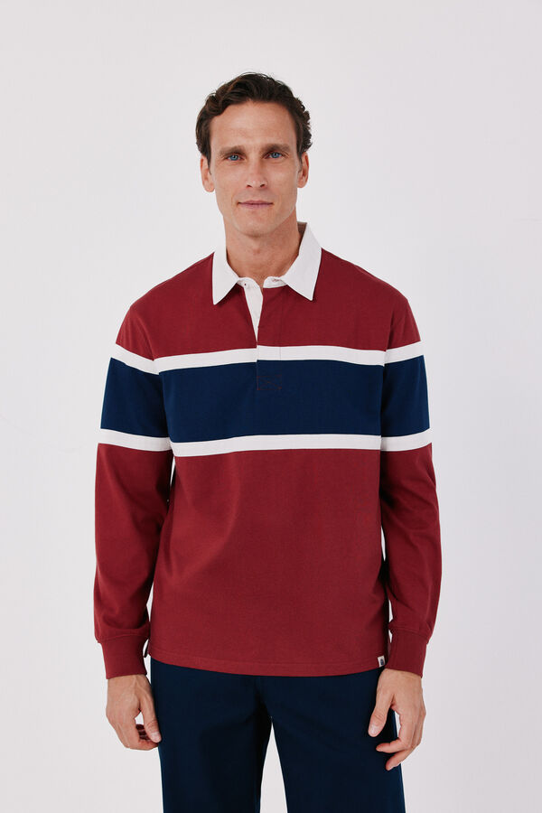Cortefiel Colour block rugby polo shirt Maroon