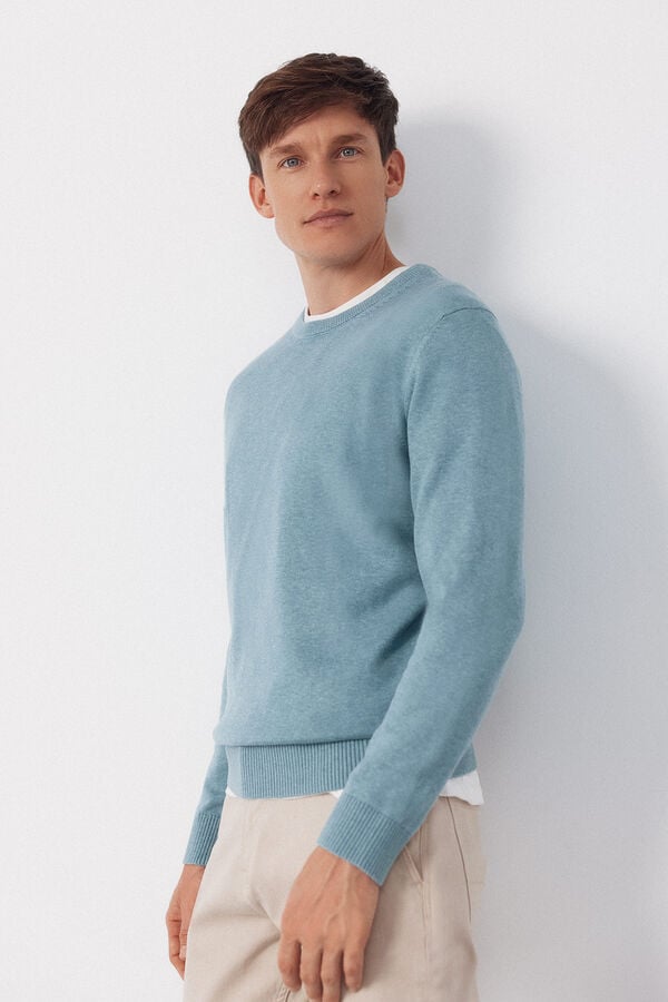 Cortefiel Basic cotton knit round neck jersey-knit Blue