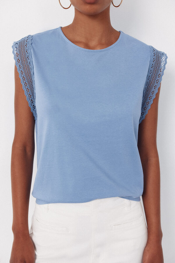 Cortefiel Guipure sleeve -shirt Printed blue