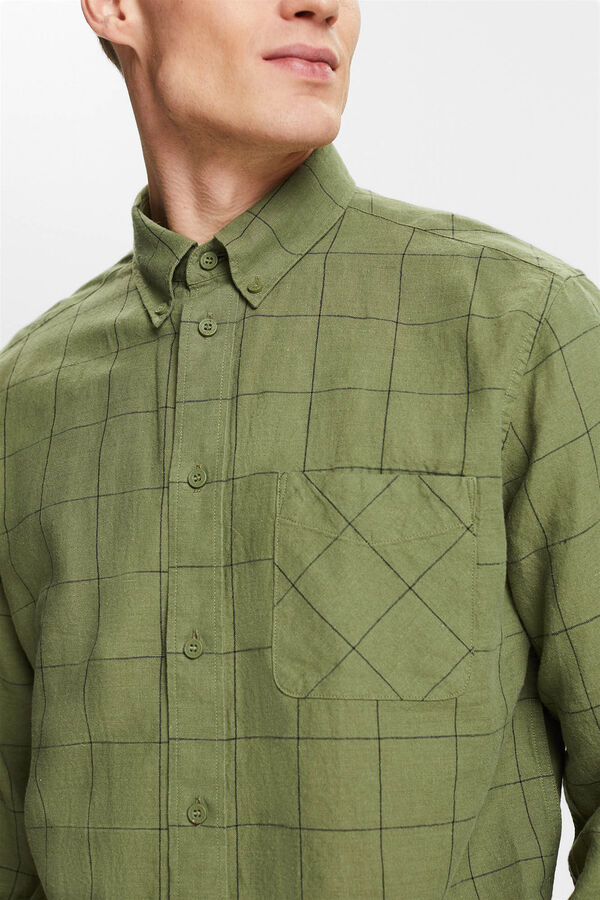 Cortefiel Camisa cuadros regular fit con lino Estampado verde