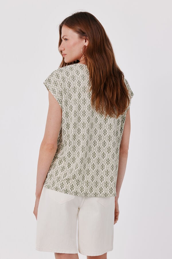 Cortefiel V-neck T-shirt with lace detail Printed white