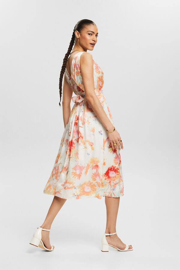 Cortefiel Long floral print pleated dress Printed white
