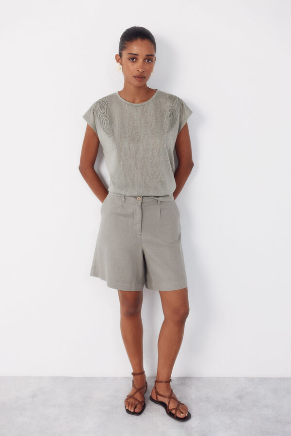 Cortefiel Linen -effect patchwork t-shirt Kaki