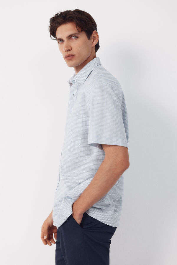 Cortefiel Checked cotton linen short sleeve shirt Blue