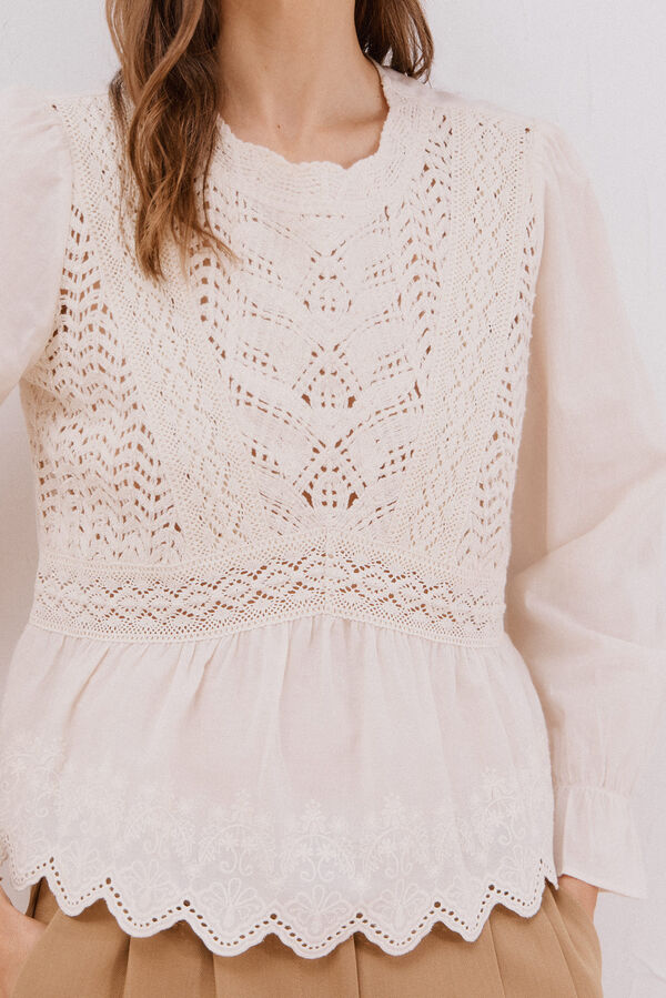 Cortefiel Top de crochet combinado Ecru