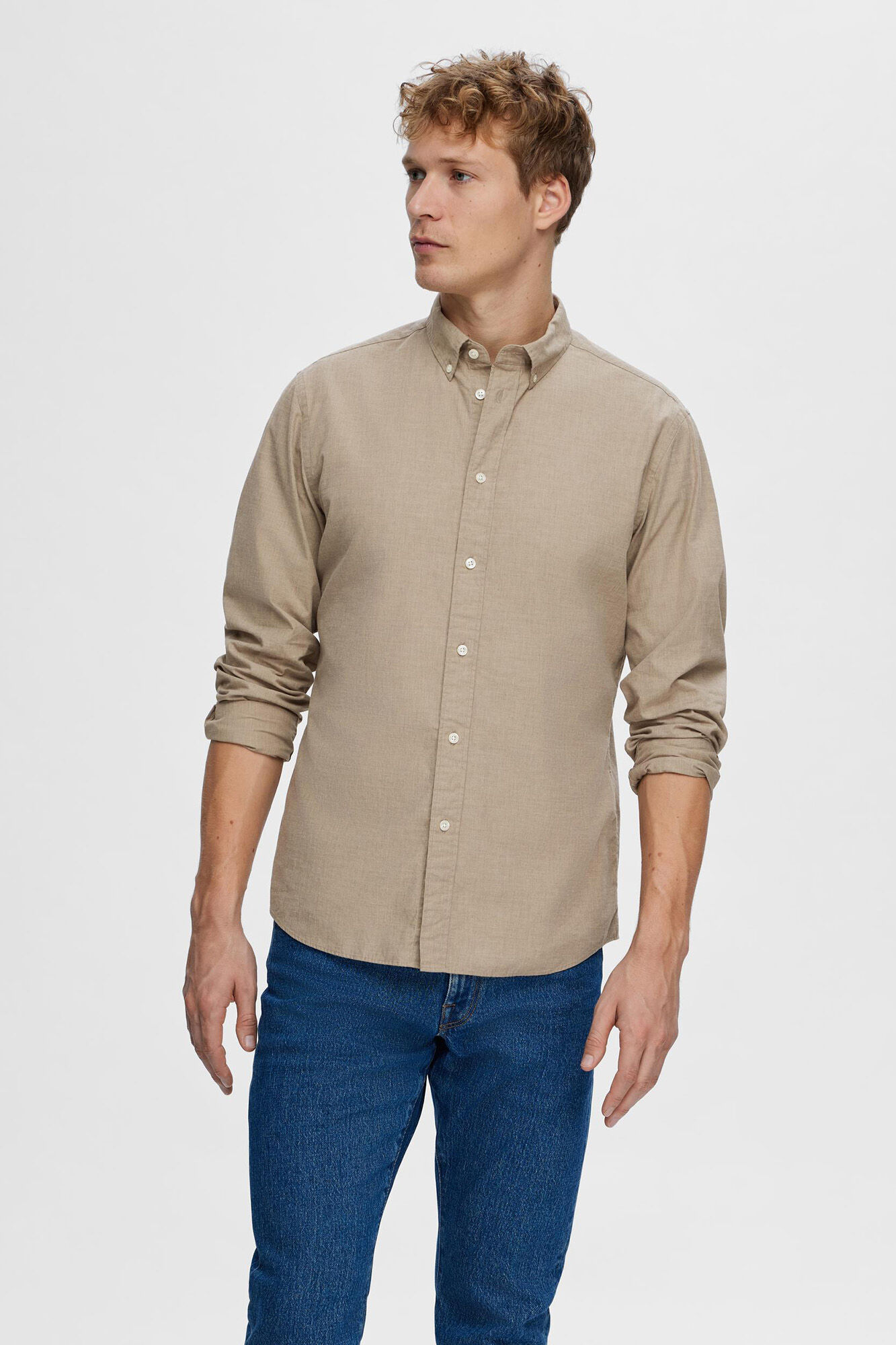 Selected Camisa de manga comprida Slim Fit confecionada com algod&atilde;o reciclado