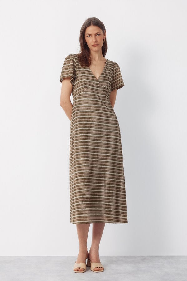 Cortefiel Striped structured dress Kaki