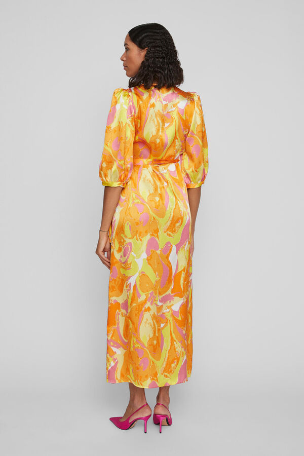 Cortefiel Printed midi dress with puffed sleeve Yellow