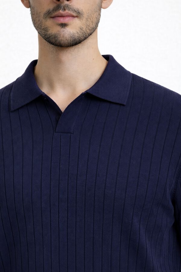 Selected Ribbed knit polo shirt Navy