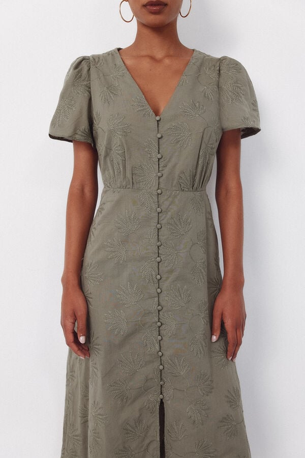 Cortefiel Embroidered dress Kaki
