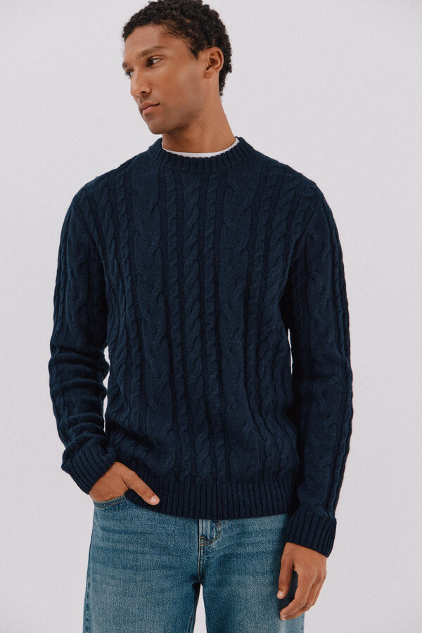 Cortefiel Wool knit crew neck sweater Navy