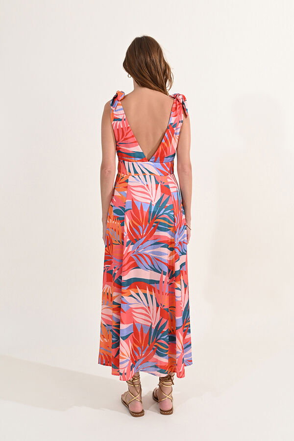 Cortefiel Long dress with printed tie and pleats Multicolour