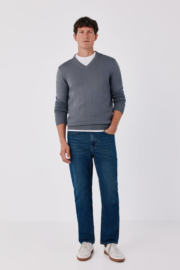 Cortefiel Cotton fine knit V-neck jumper Grey