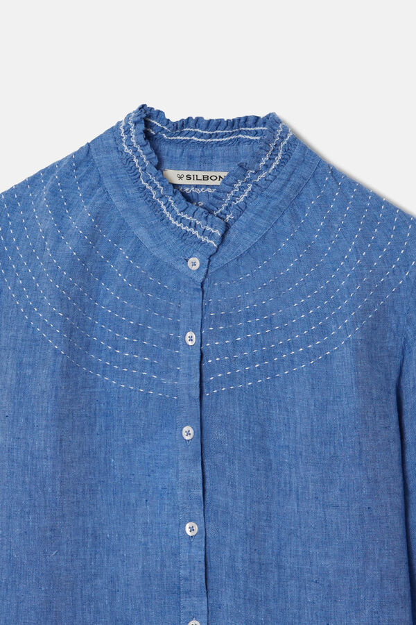 Cortefiel Linen gathered shirt with 3/4 length sleeves  Blue