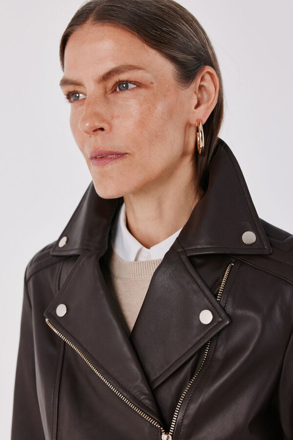 Cortefiel Leather zip fastening jacket Dark brown