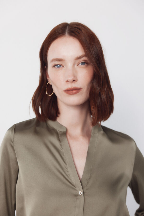 Cortefiel Printed satin mandarin shirt Kaki