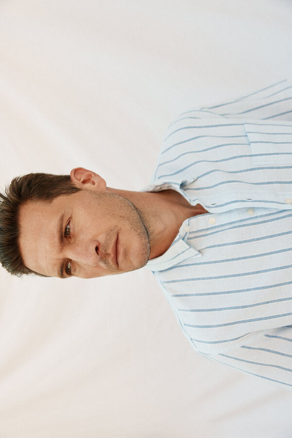 Cortefiel Striped cotton linen short sleeve shirt Blue