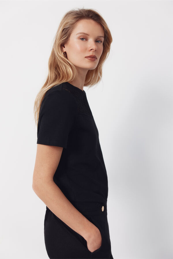 Cortefiel Guipure yoke t-shirt Black