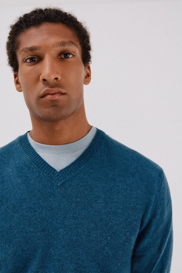 Cortefiel Lambswool round V wool sweater Blue