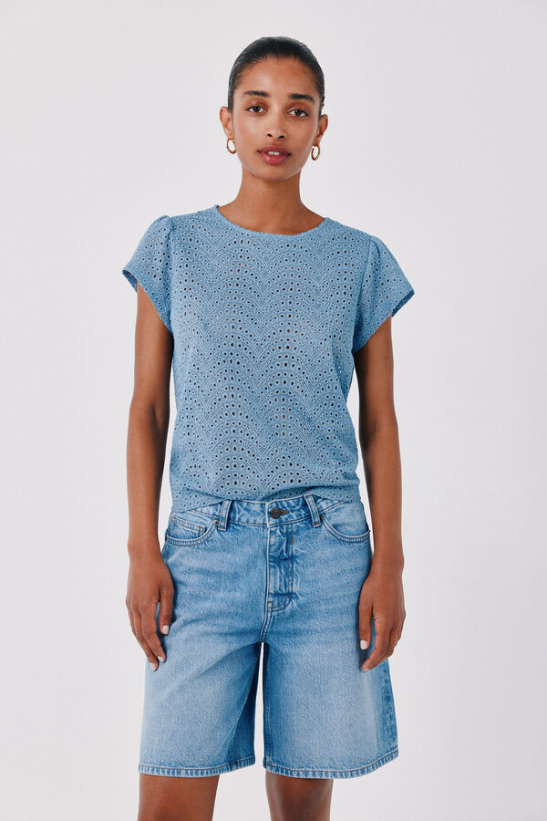 Cortefiel Camiseta de crochet bordado Azul