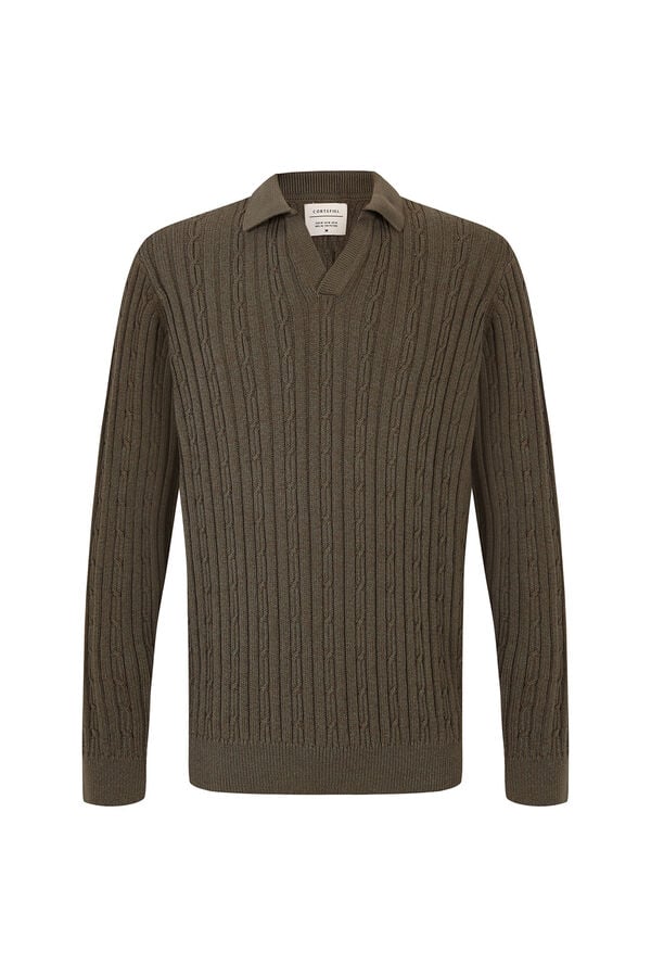 Cortefiel Twisted cotton cable knit jumper Kaki
