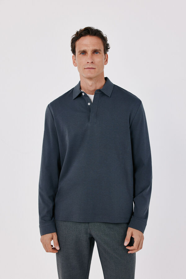Cortefiel Long sleeve refined polo shirt Dark grey