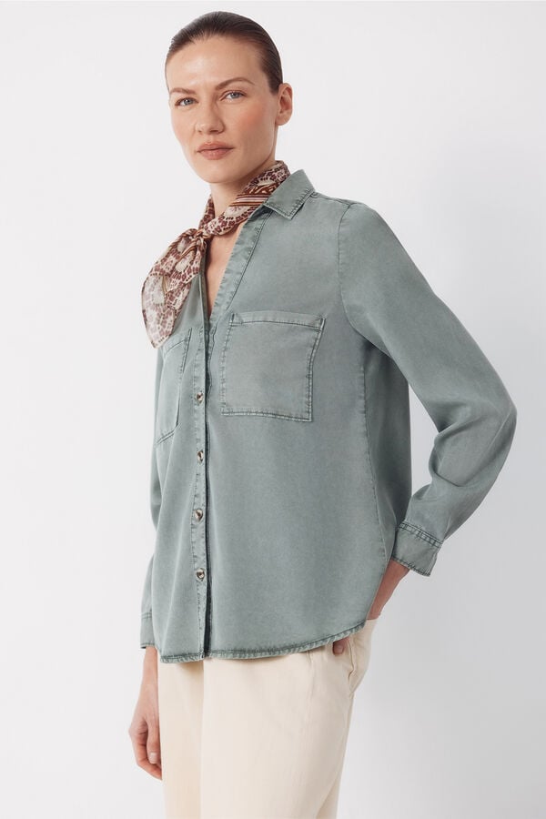 Cortefiel Camisa Vaquera Tencel Kaki