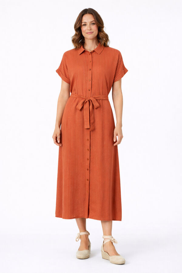 Vila Vestido camiseiro midi com l&uacute;rex Laranja