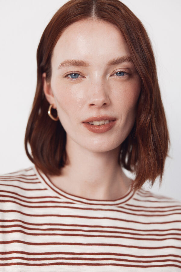 Cortefiel Striped linen -effect t-shirt Pink