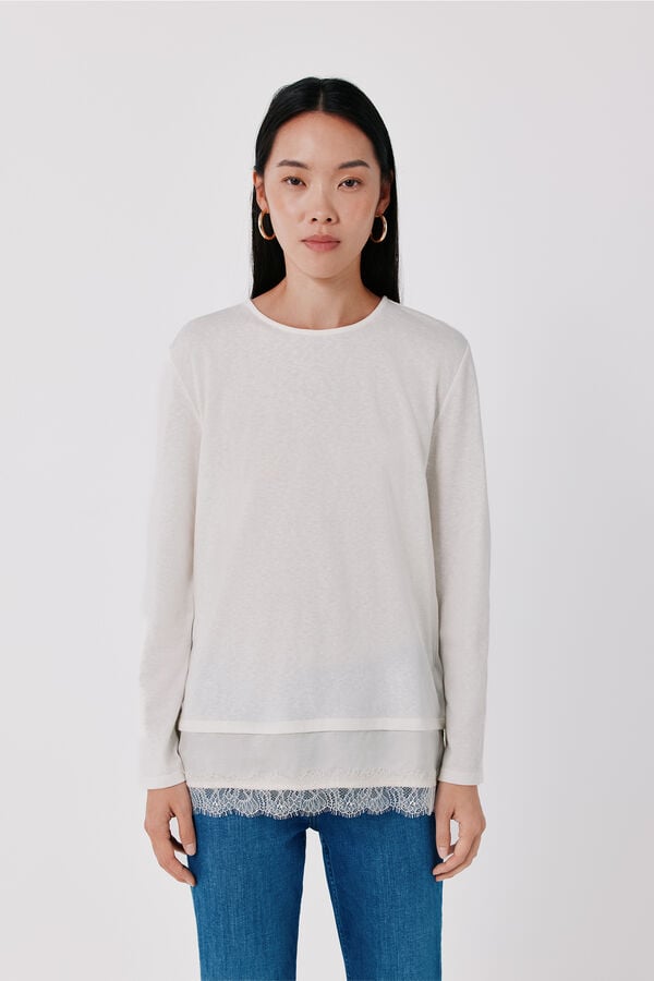 Cortefiel Plain hem T-shirt with lace detail Ivory