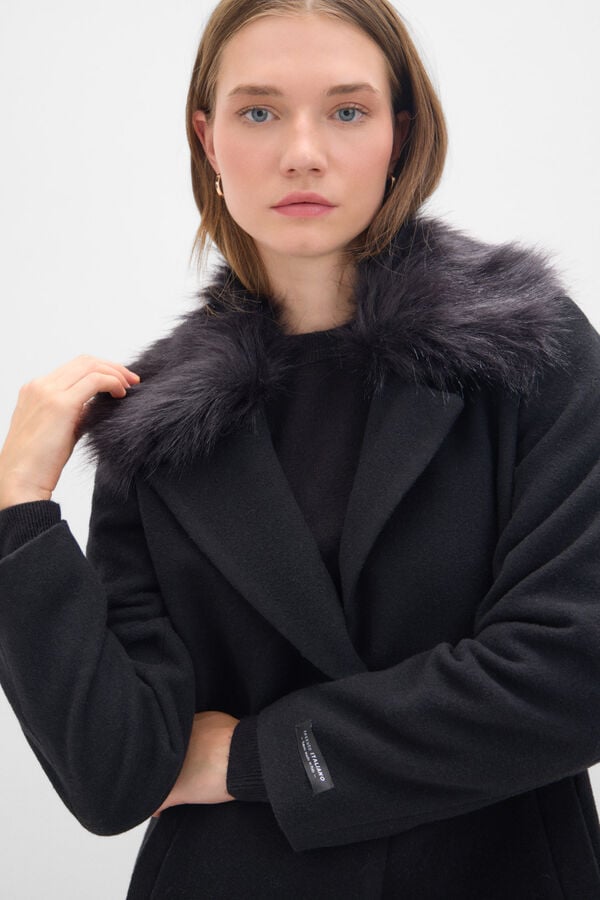 Cortefiel Faux fur coat at the collar Black