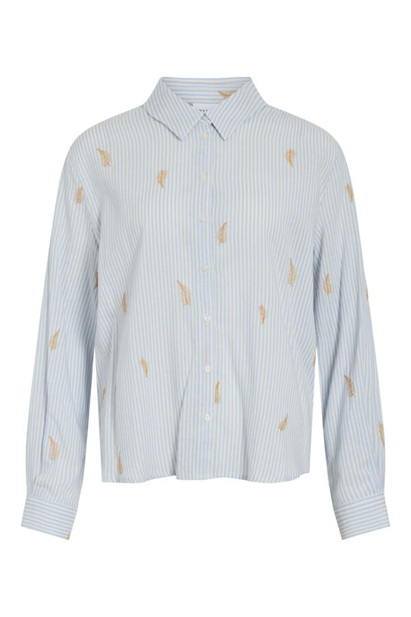 Vila Camisa com bordados de algod&atilde;o e viscose Azul