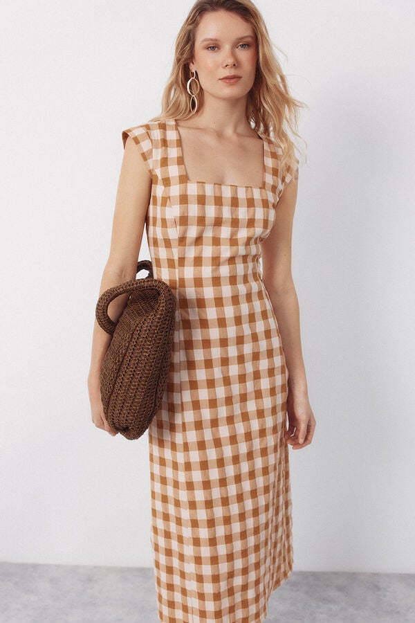 Cortefiel Fitted gingham print dress Printed yellow