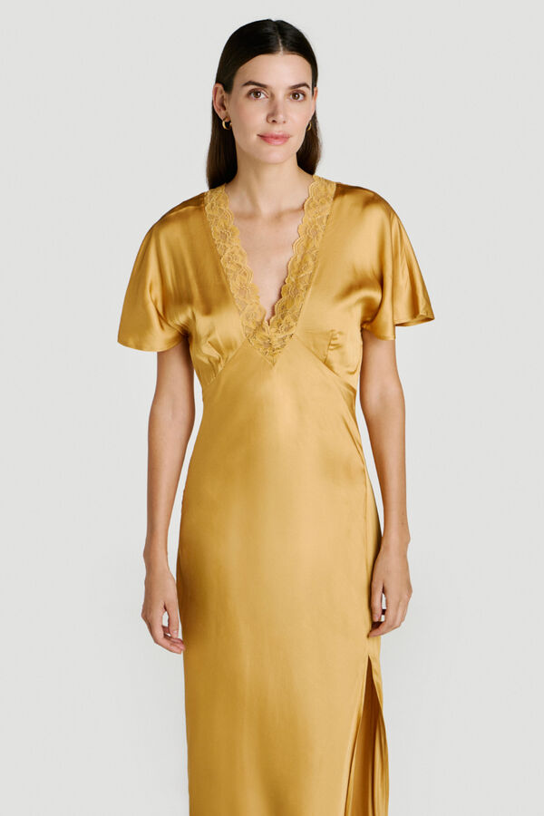 Vila Satin-finish lace party dress Gold