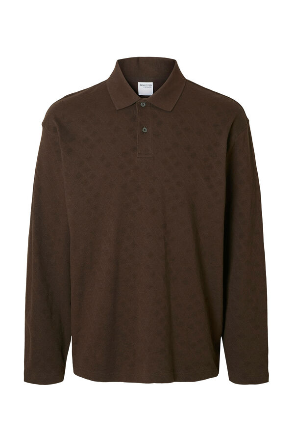 Selected Polo jacquard de manga manga 100% algodão orgânico Castanho