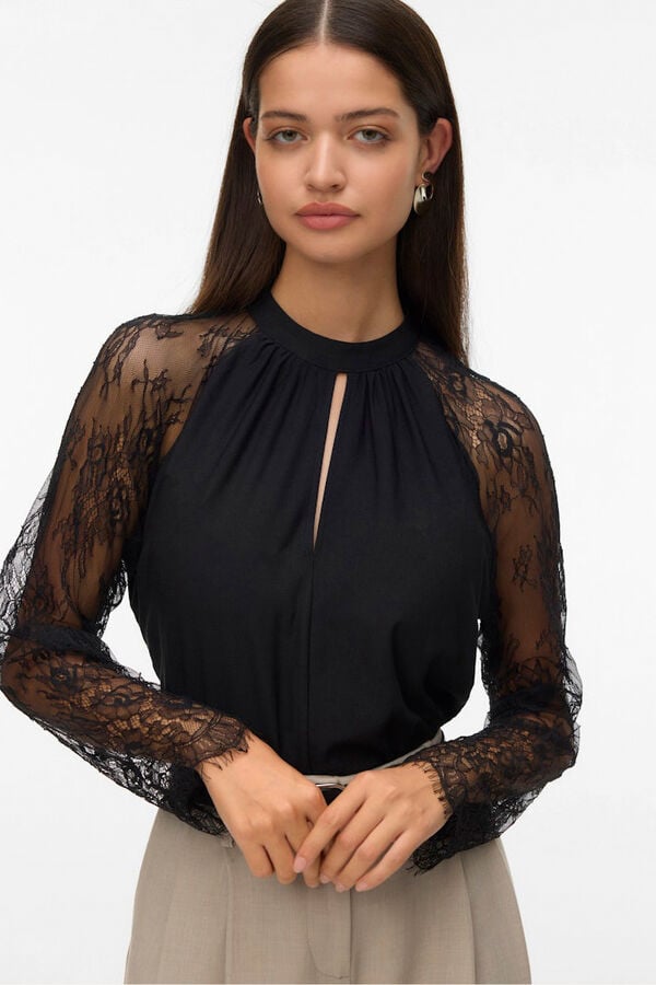 Vero Moda Top de manga de renda  Preto