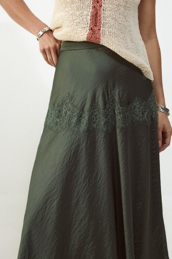Slowlove Falda midi satinada con encaje Dark green