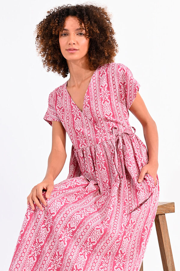 Cortefiel Long printed dress with short sleeves Pink